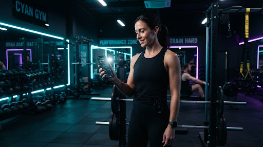 Entrenador personal usando la app móvil de FLGym en el gimnasio