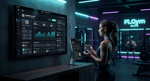 Vista del dashboard de gestión de clientes de FLGym y su app móvil para el cliente